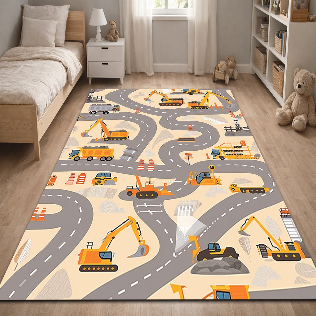 Çocuk Halısı - İnşaat Yolu Desenli Gri Turuncu - Çocuk Halısı - Line Home