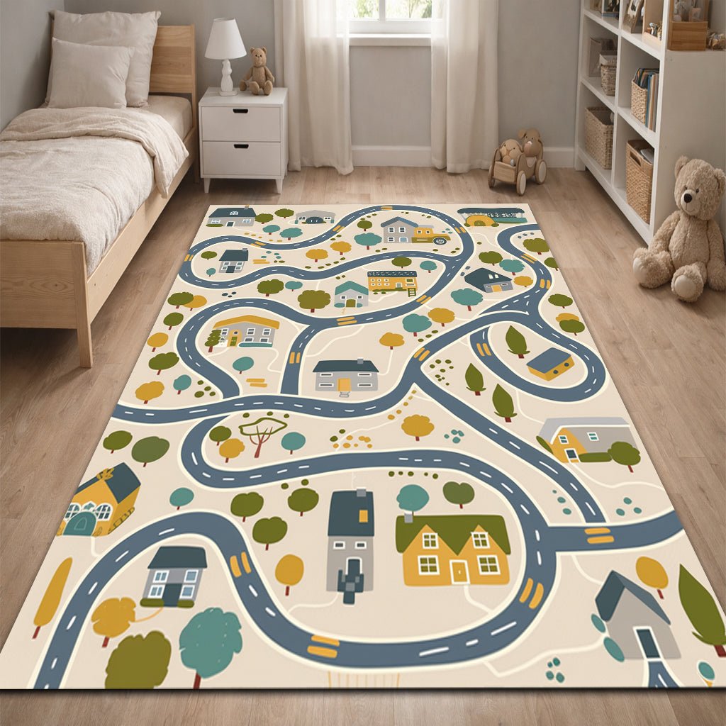 Çocuk Halısı - Şehir Yolu Desenli Mavi Yeşil - Çocuk Halısı - Line Home