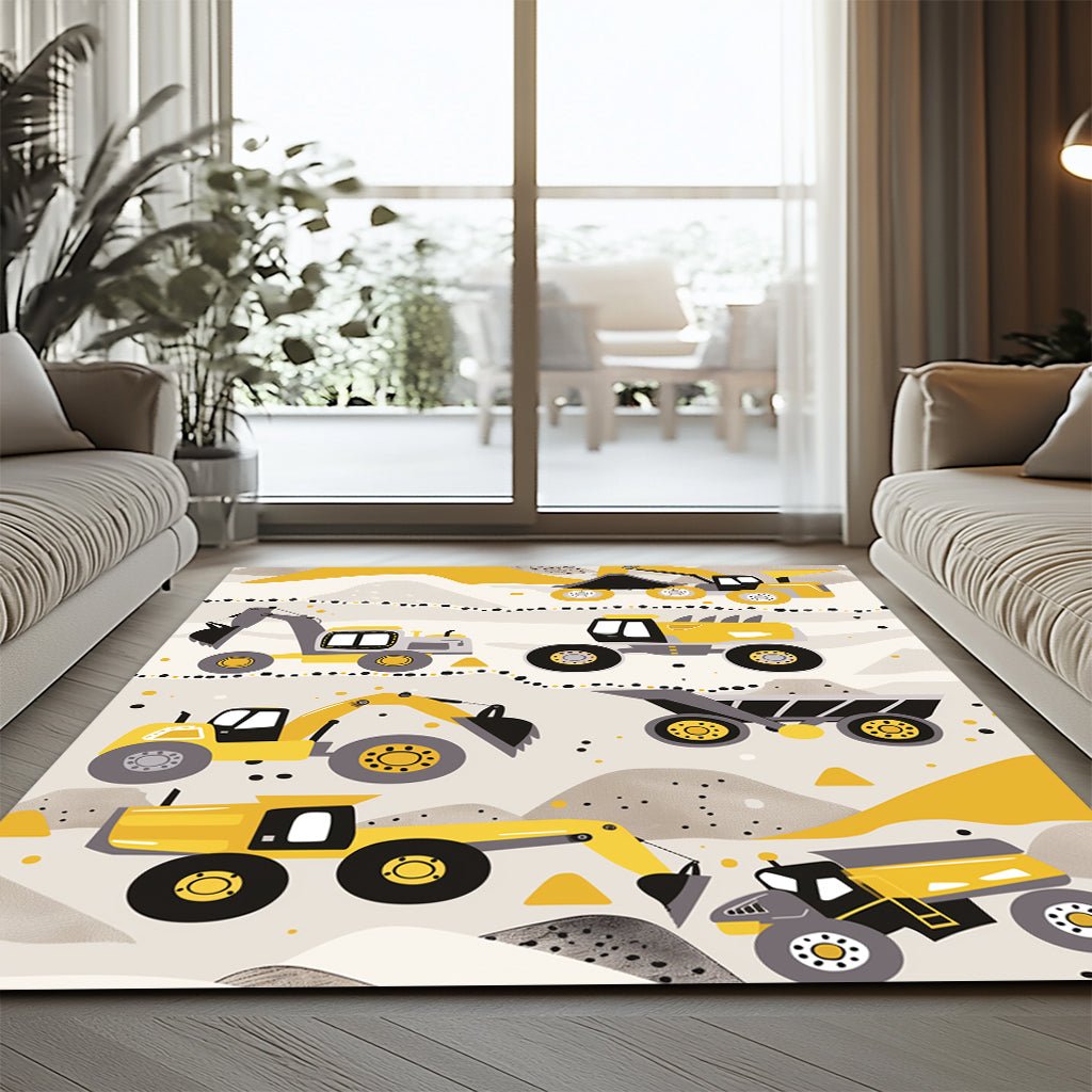 Çocuk İnşaat Araçları Halısı – Eğlenceli Sarı Ekskavatör Desenli - Halı - Heaven Home Design