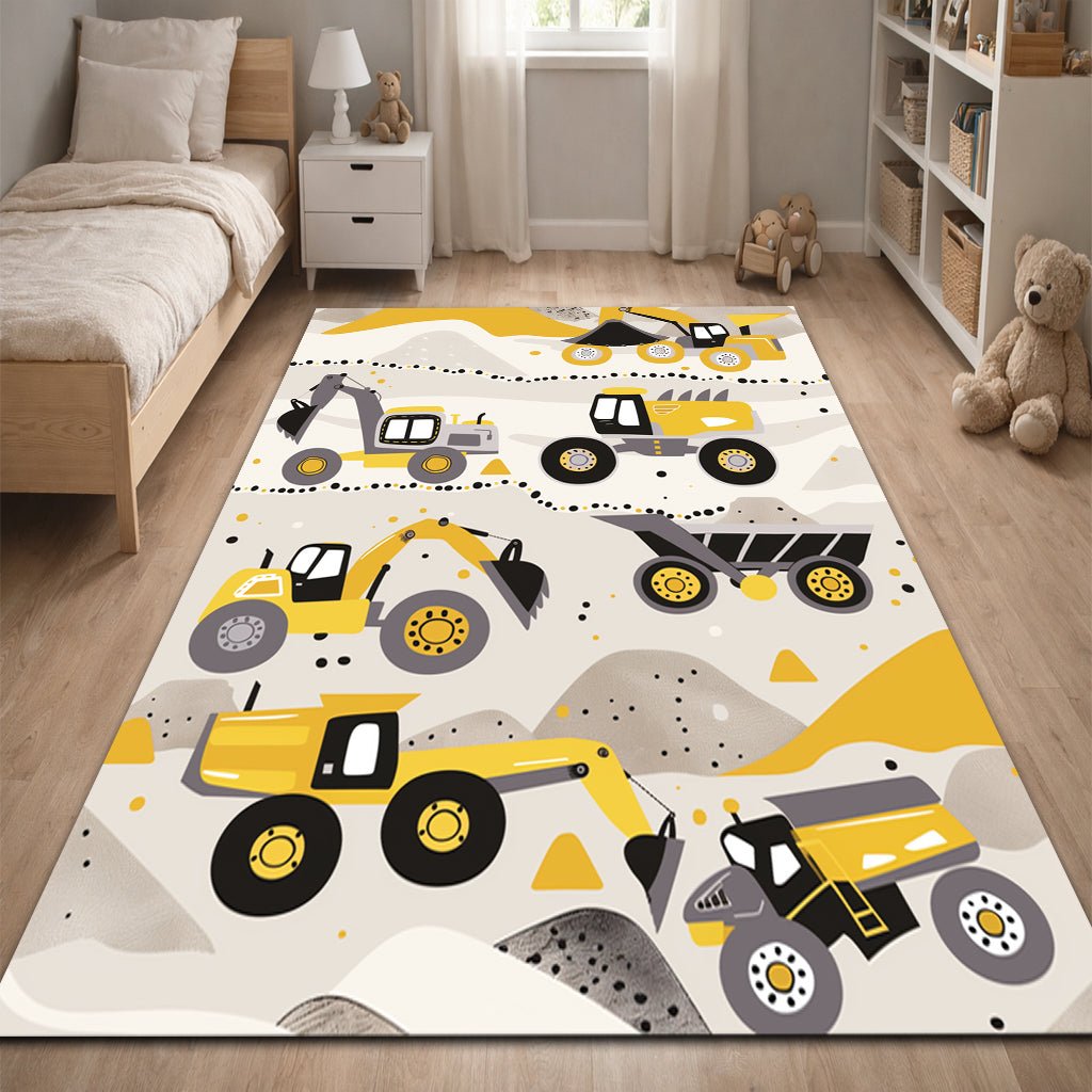 Çocuk İnşaat Araçları Halısı – Eğlenceli Sarı Ekskavatör Desenli - Halı - Heaven Home Design