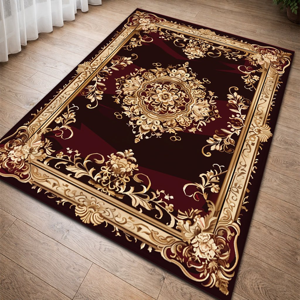 Klasik Barok Halı - Bordo Altın Çiçek Desenli - Halı - Line Home