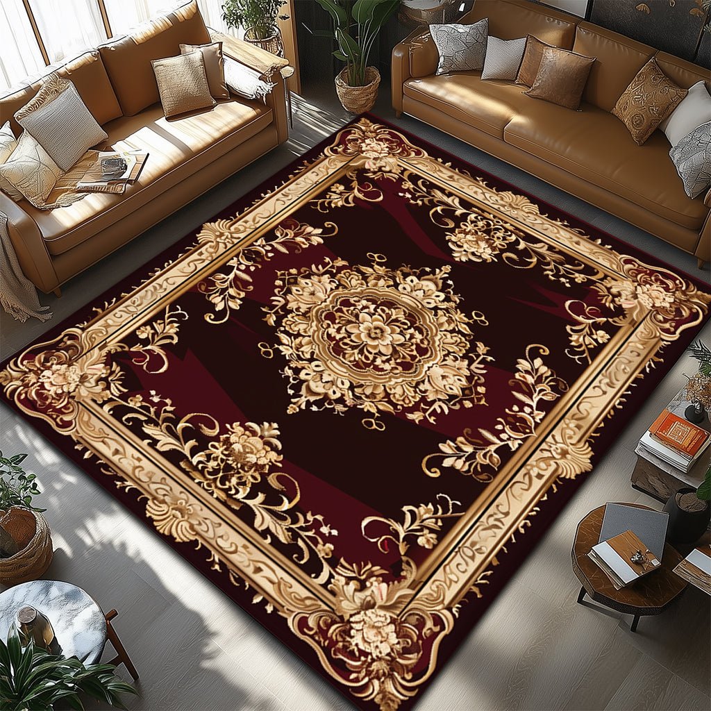 Klasik Barok Halı - Bordo Altın Çiçek Desenli - Halı - Line Home