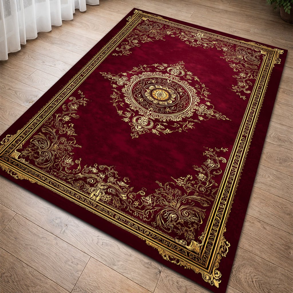 Klasik Barok Halı - Bordo Altın Oval Madalyon - Halı - Line Home