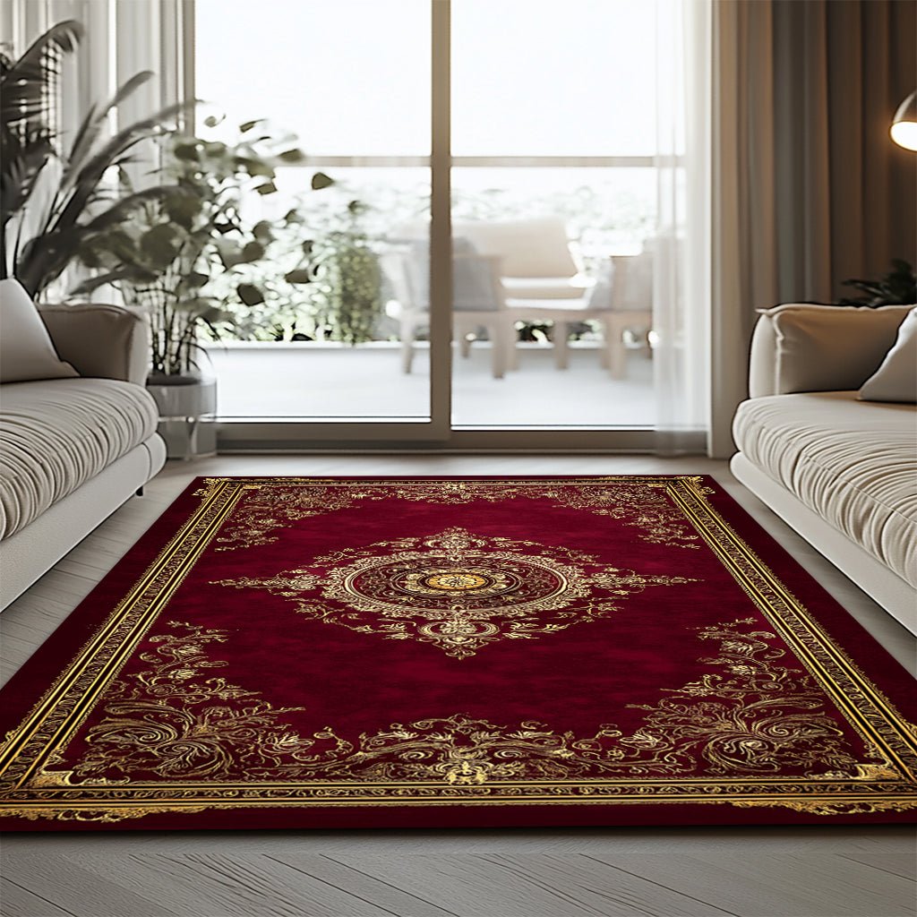 Klasik Barok Halı - Bordo Altın Oval Madalyon - Halı - Line Home