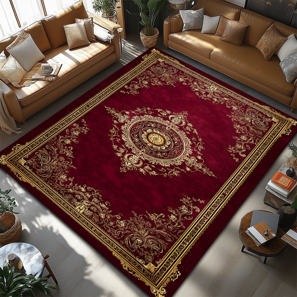 Klasik Barok Halı - Bordo Altın Oval Madalyon - Halı - Line Home