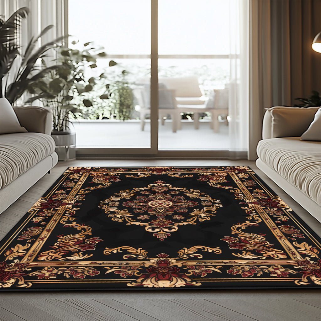 Klasik Barok Halı - Siyah Altın Çiçek Desenli - Halı - Line Home