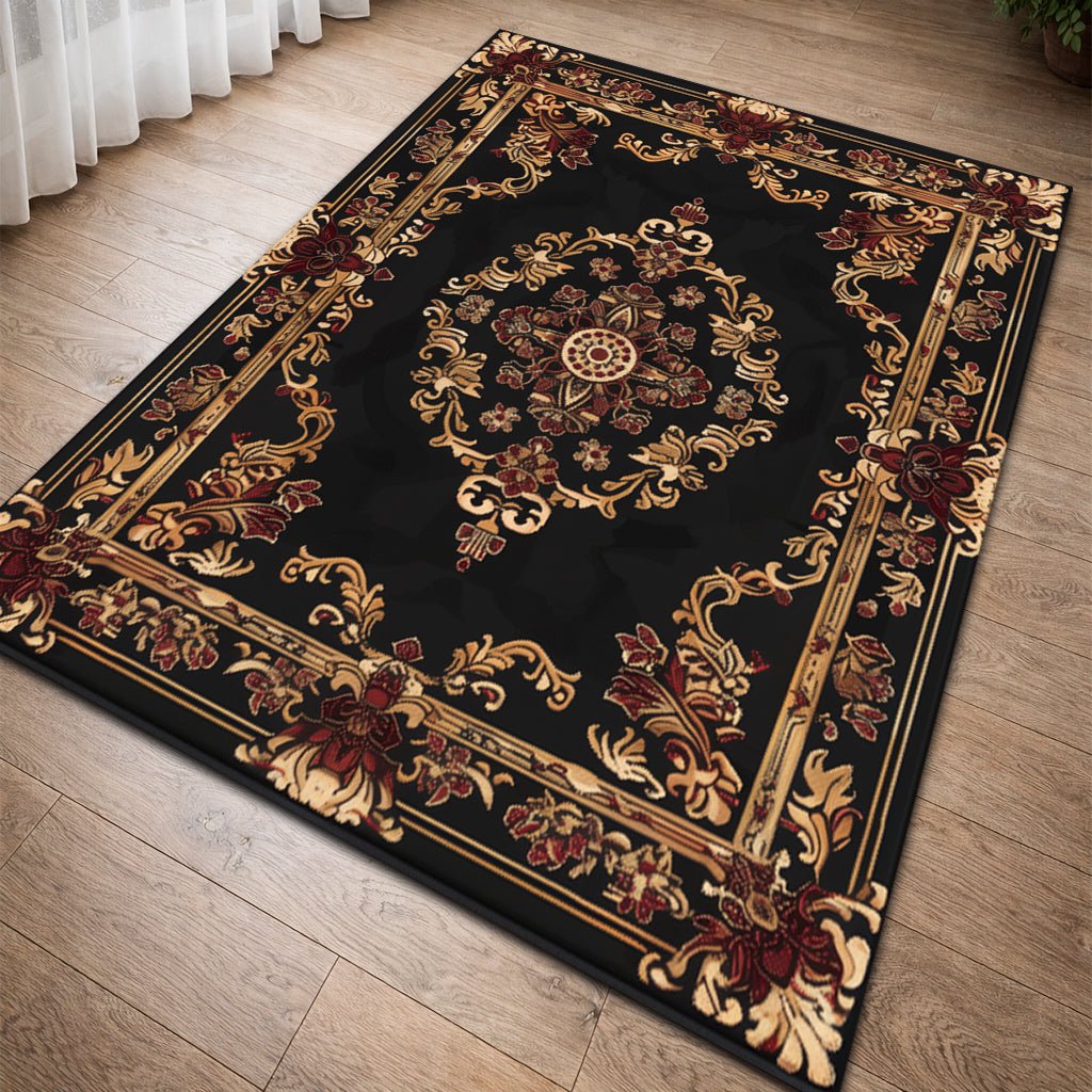 Klasik Barok Halı - Siyah Altın Çiçek Desenli - Halı - Line Home