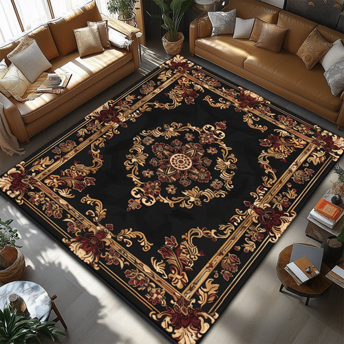 Klasik Barok Halı - Siyah Altın Çiçek Desenli - Halı - Line Home