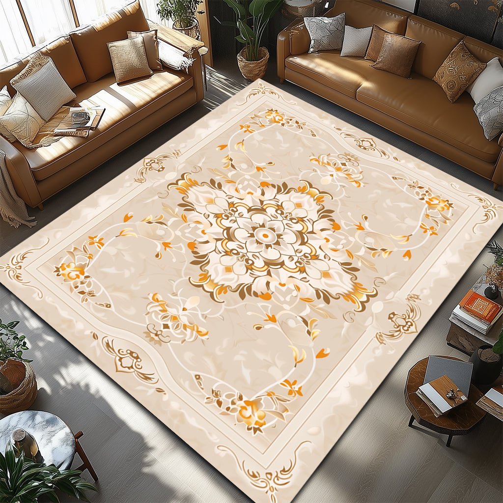 Klasik Halı - Krem Turuncu Çiçek Desenli - Halı - Line Home