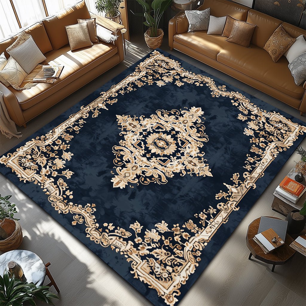 Klasik Halı - Lacivert Bej Madalyon Desenli - Halı - Line Home