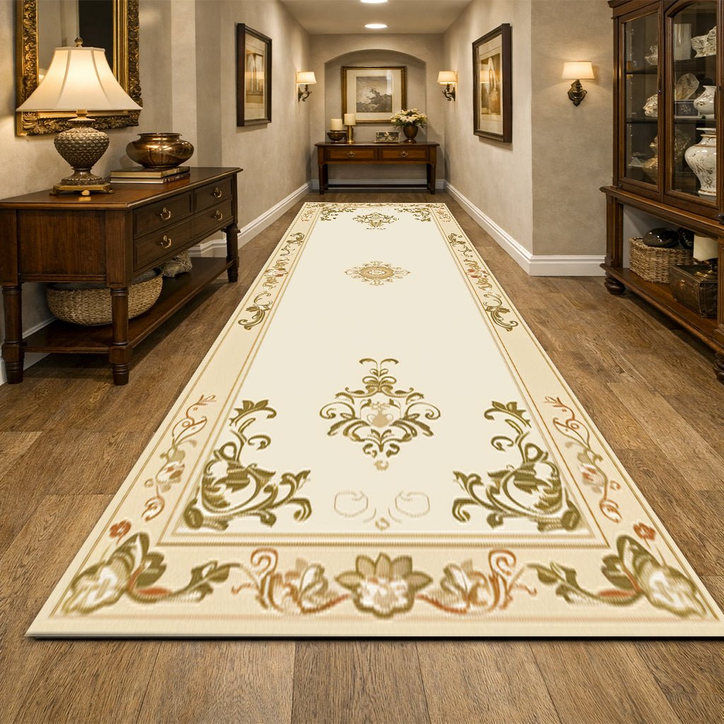 Klasik Koridor Halısı - Krem Altın Barok Desenli - Halı - Line Home