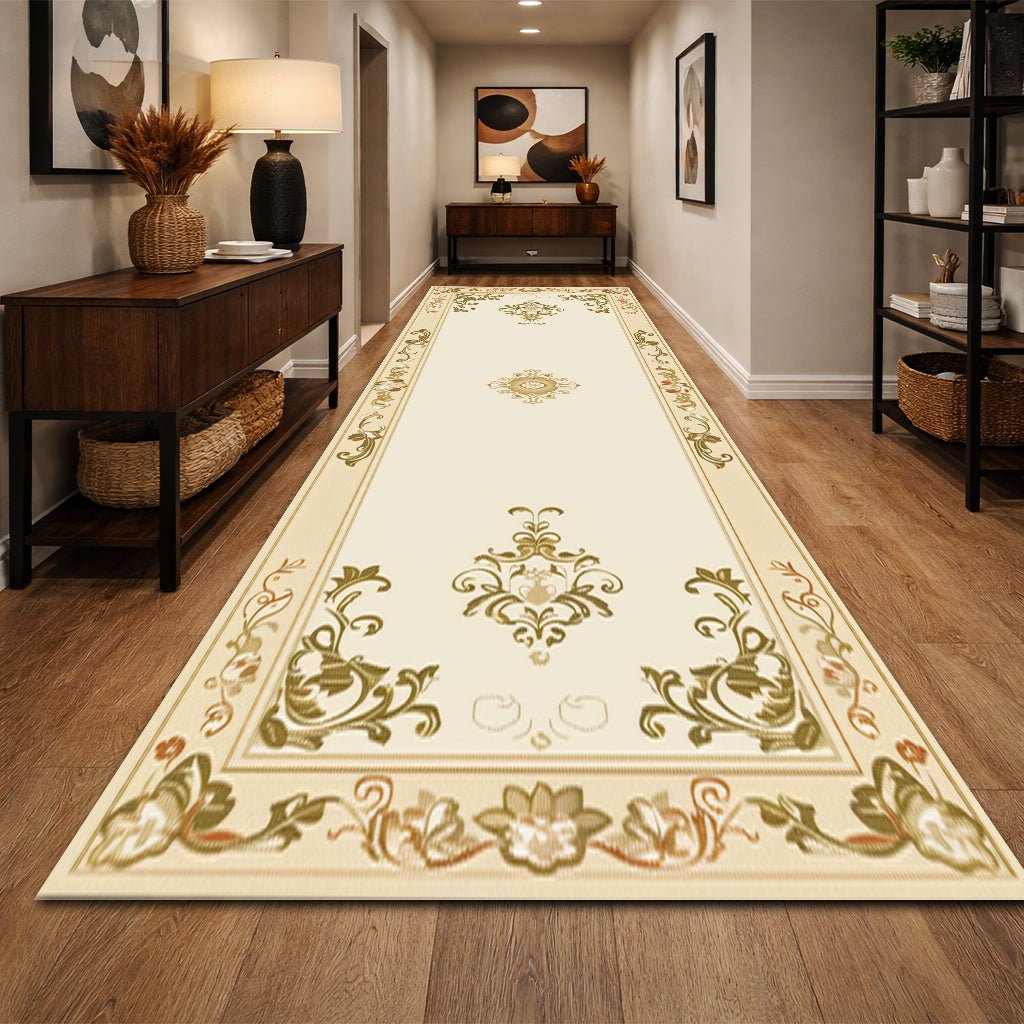 Klasik Koridor Halısı - Krem Altın Barok Desenli - Halı - Line Home