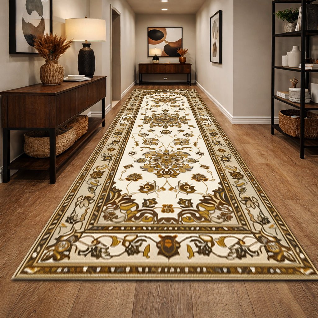 Klasik Koridor Halısı - Krem Altın Çiçek Desenli - Halı - Line Home