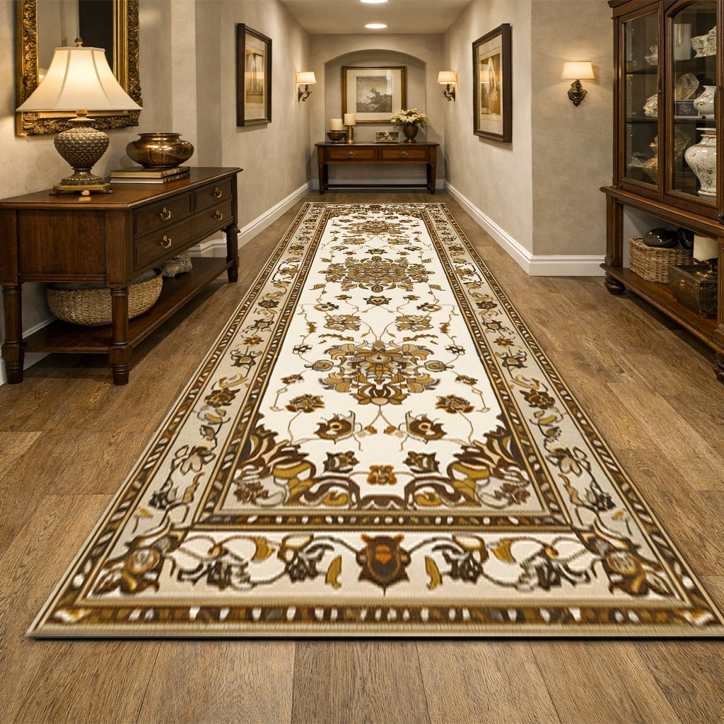 Klasik Koridor Halısı - Krem Altın Çiçek Desenli - Halı - Line Home