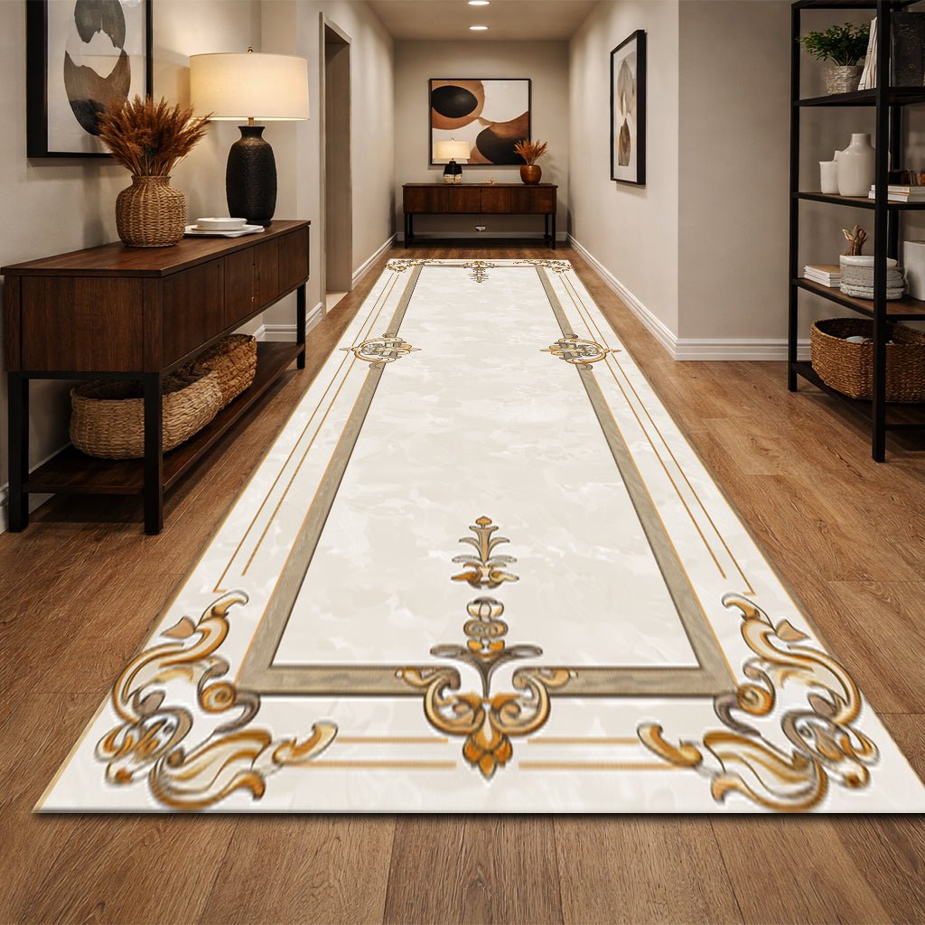 Klasik Koridor Halısı - Krem Altın Gri Barok Desenli - Halı - Line Home