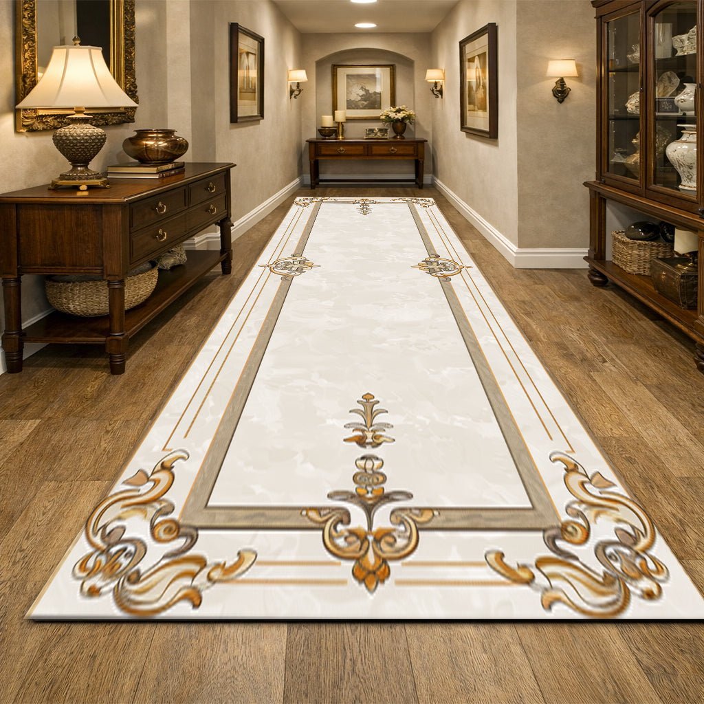 Klasik Koridor Halısı - Krem Altın Gri Barok Desenli - Halı - Line Home