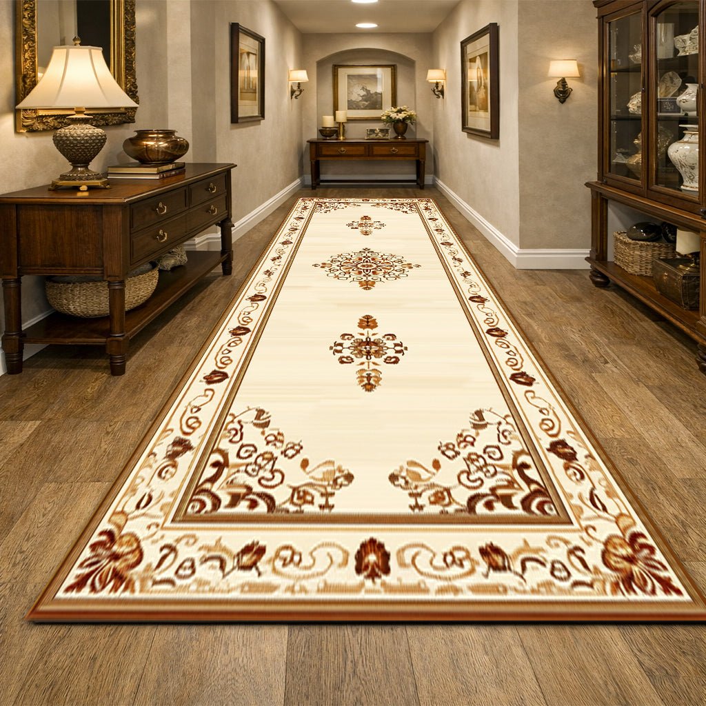 Klasik Koridor Halısı - Krem Bordo Madalyon Desenli - Halı - Line Home