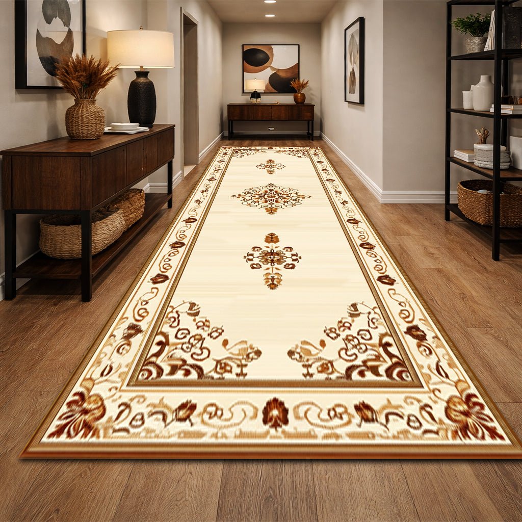 Klasik Koridor Halısı - Krem Bordo Madalyon Desenli - Halı - Line Home