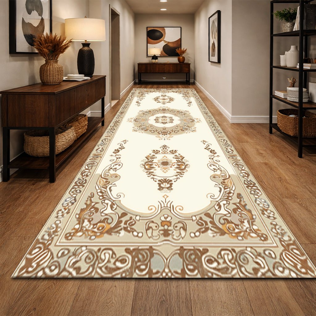 Klasik Koridor Halısı - Krem Kahverengi Barok Madalyon - Halı - Line Home