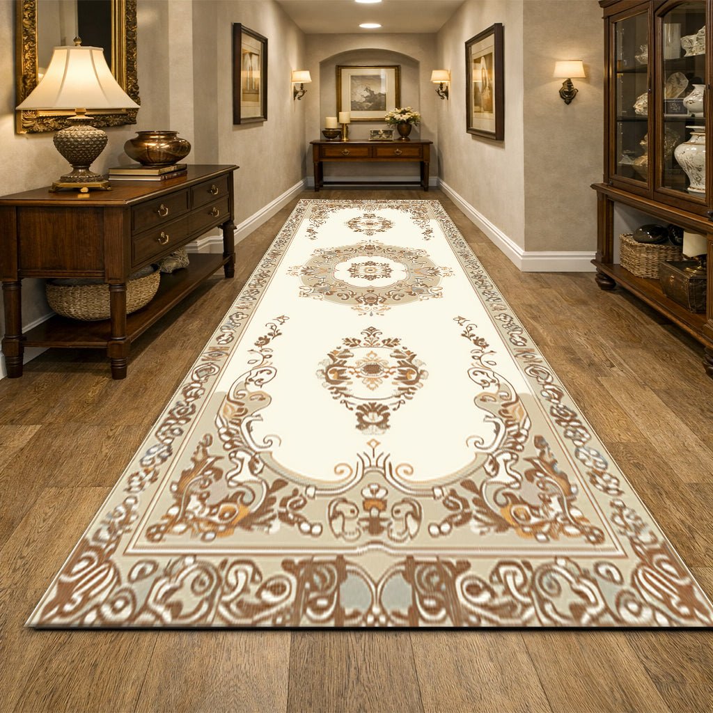 Klasik Koridor Halısı - Krem Kahverengi Barok Madalyon - Halı - Line Home