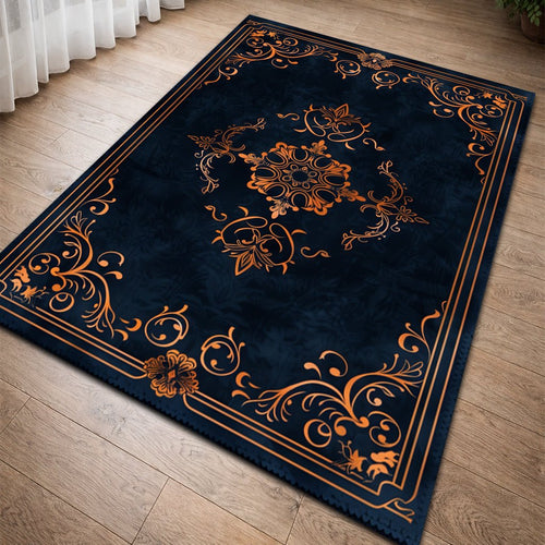 Lacivert Gold Klasik Desenli Halı – Kaymaz Taban, Yıkanabilir, Lüks Salon Halısı - Heaven Home Design