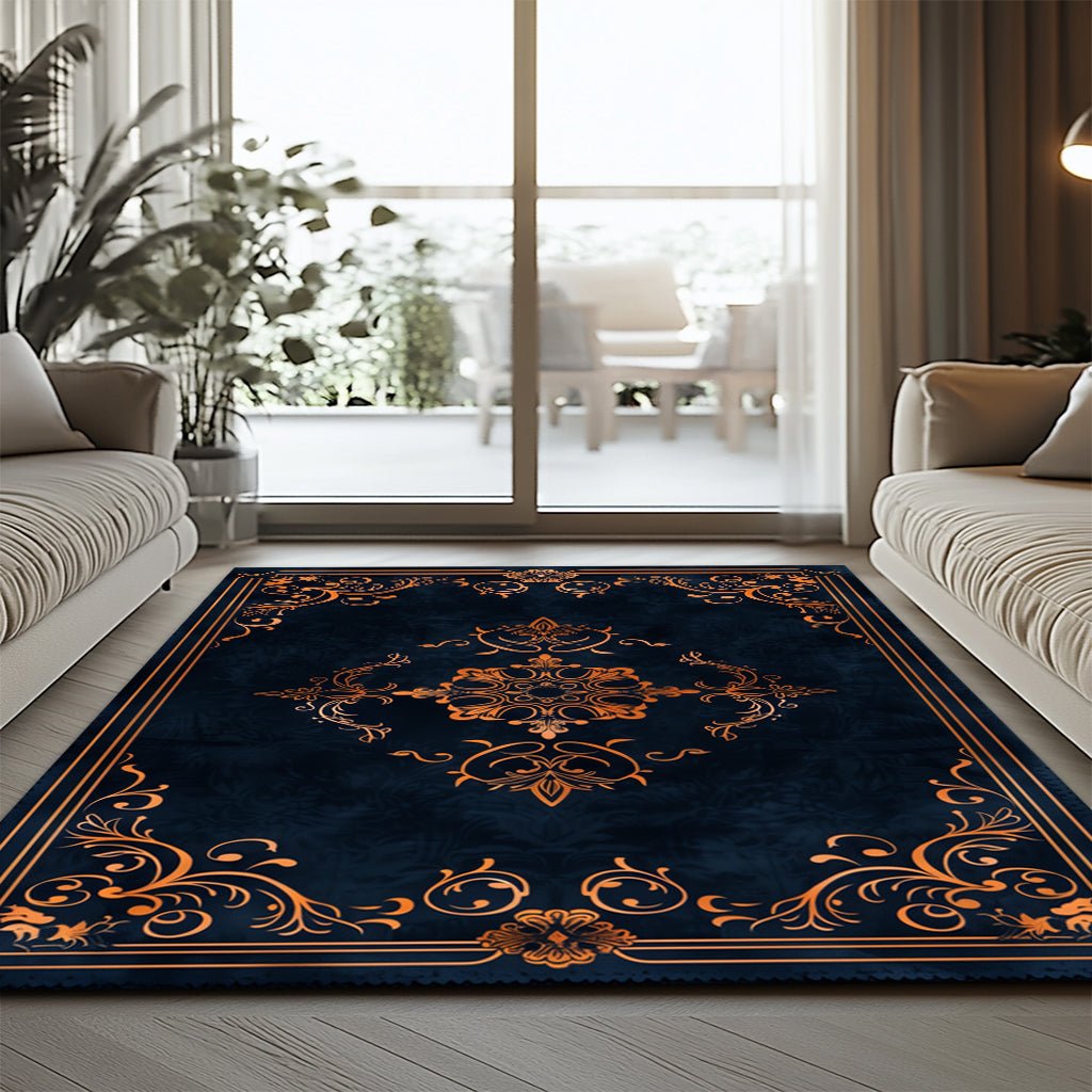 Lacivert Gold Klasik Desenli Halı – Kaymaz Taban, Yıkanabilir, Lüks Salon Halısı - Heaven Home Design