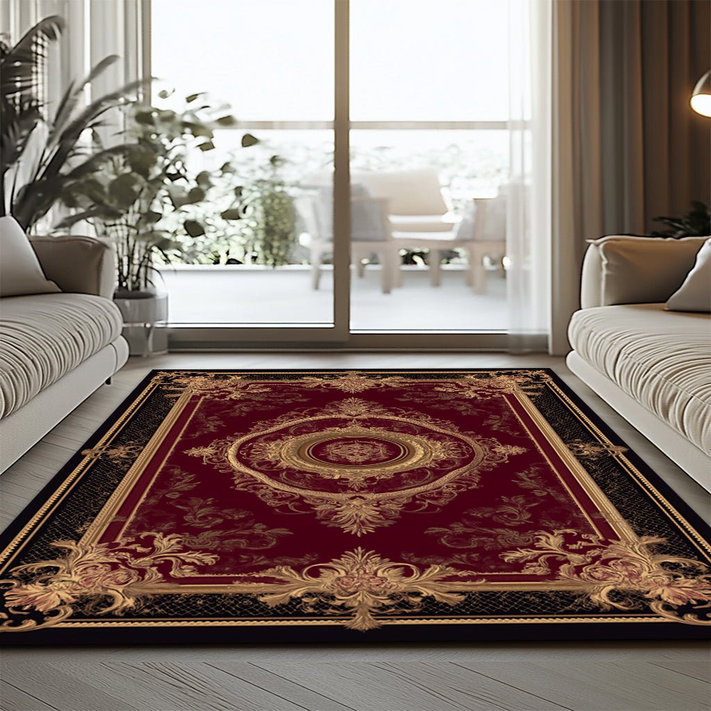 Lüks Barok Halı - Bordo Siyah Altın Madalyon - Halı - Line Home
