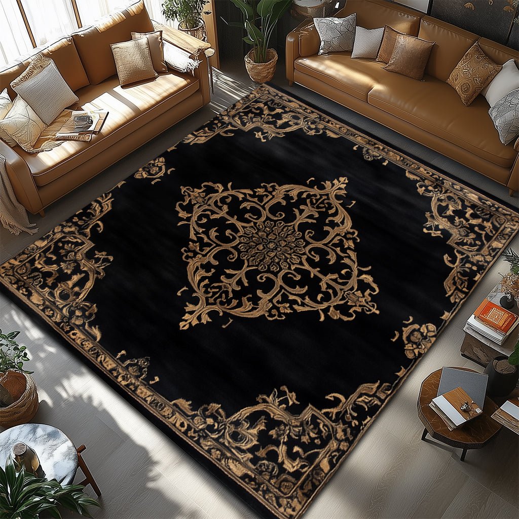 Lüks Barok Halı - Siyah Altın Madalyon Desenli - Halı - Line Home
