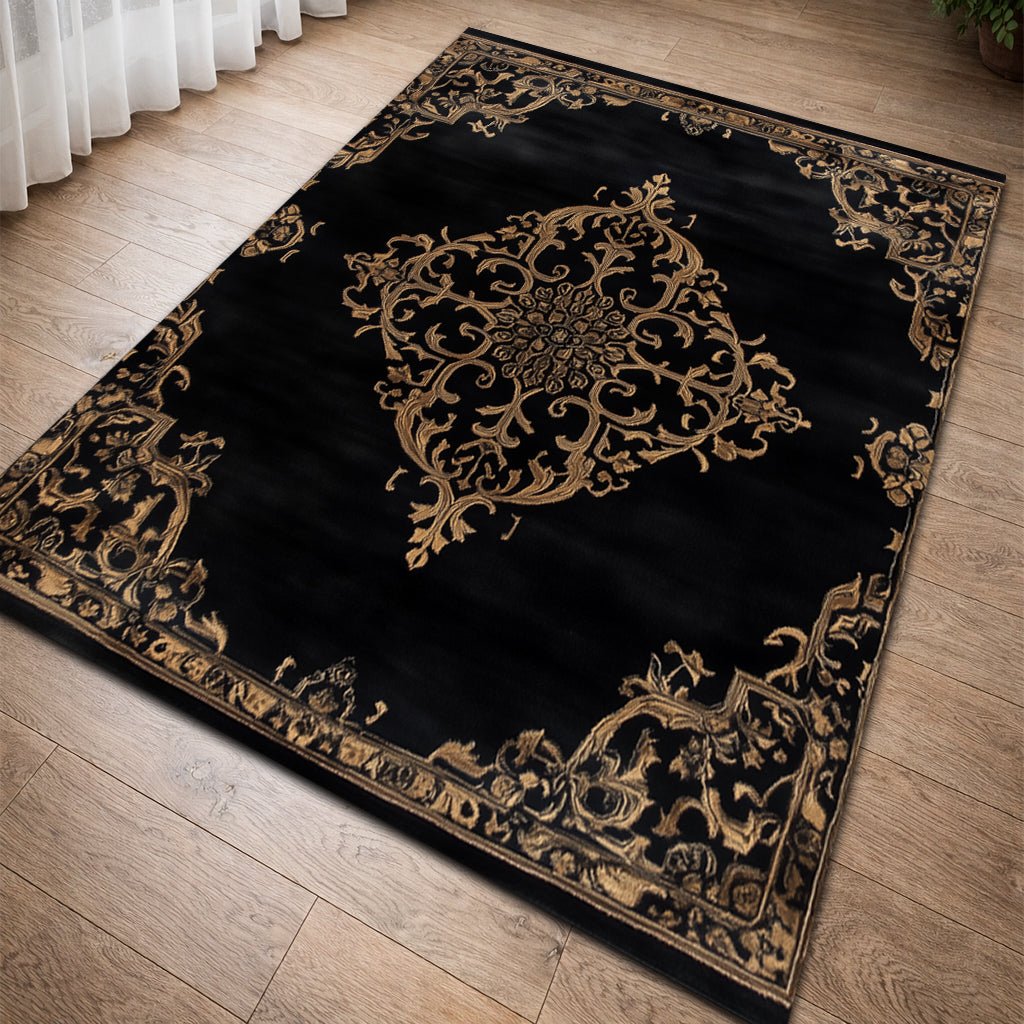Lüks Barok Halı - Siyah Altın Madalyon Desenli - Halı - Line Home