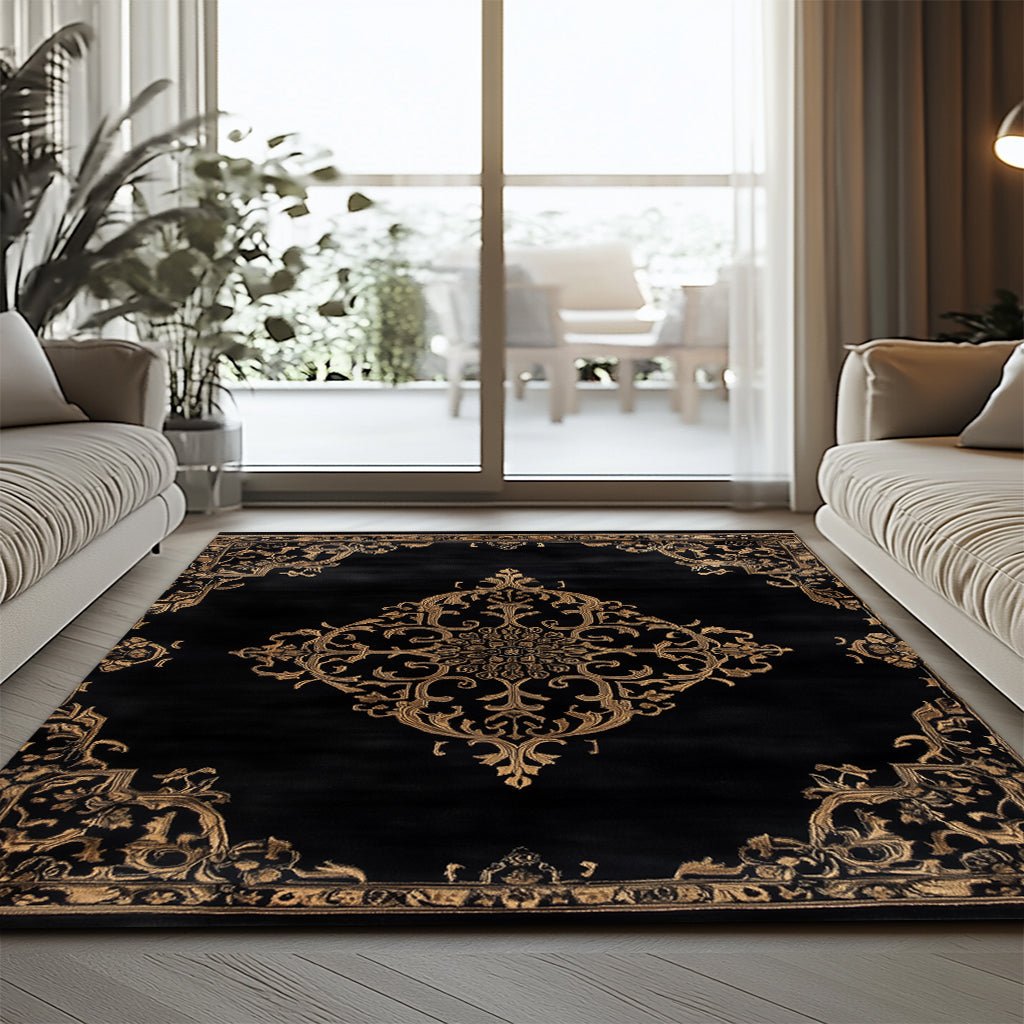 Lüks Barok Halı - Siyah Altın Madalyon Desenli - Halı - Line Home