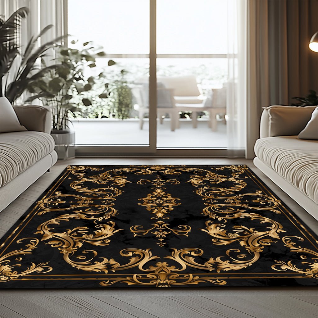 Lüks Barok Halı - Siyah Altın Süsleme Desenli - Halı - Line Home
