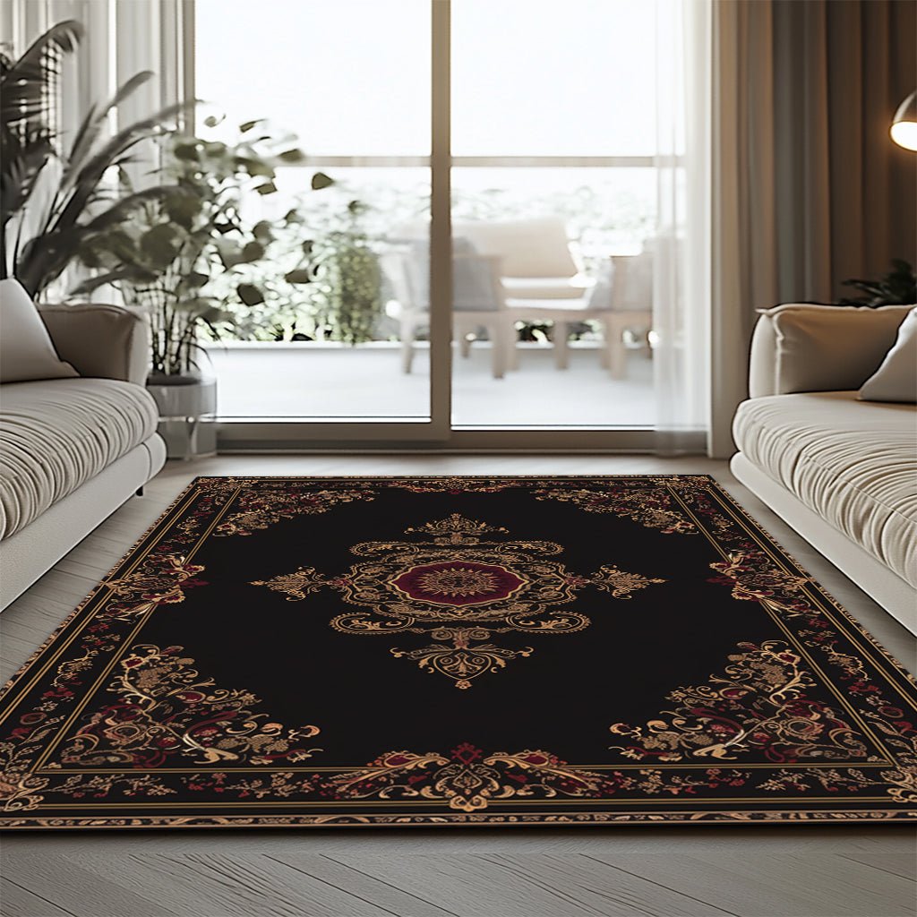 Lüks Barok Halı - Siyah Bordo Altın Madalyon - Halı - Line Home