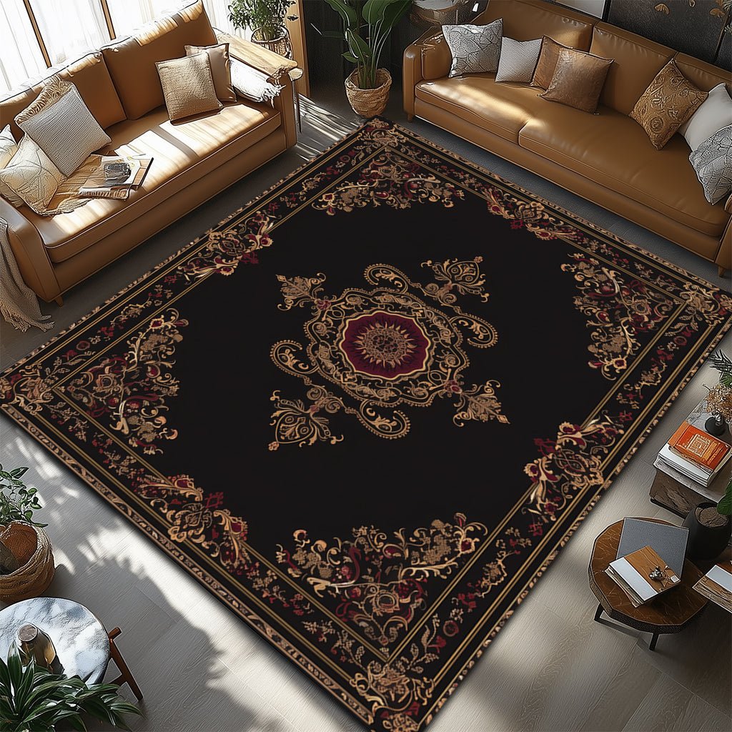 Lüks Barok Halı - Siyah Bordo Altın Madalyon - Halı - Line Home