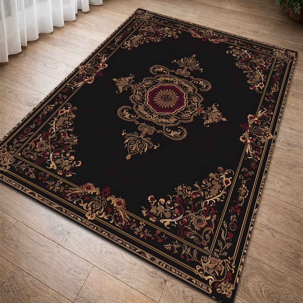 Lüks Barok Halı - Siyah Bordo Altın Madalyon - Halı - Line Home