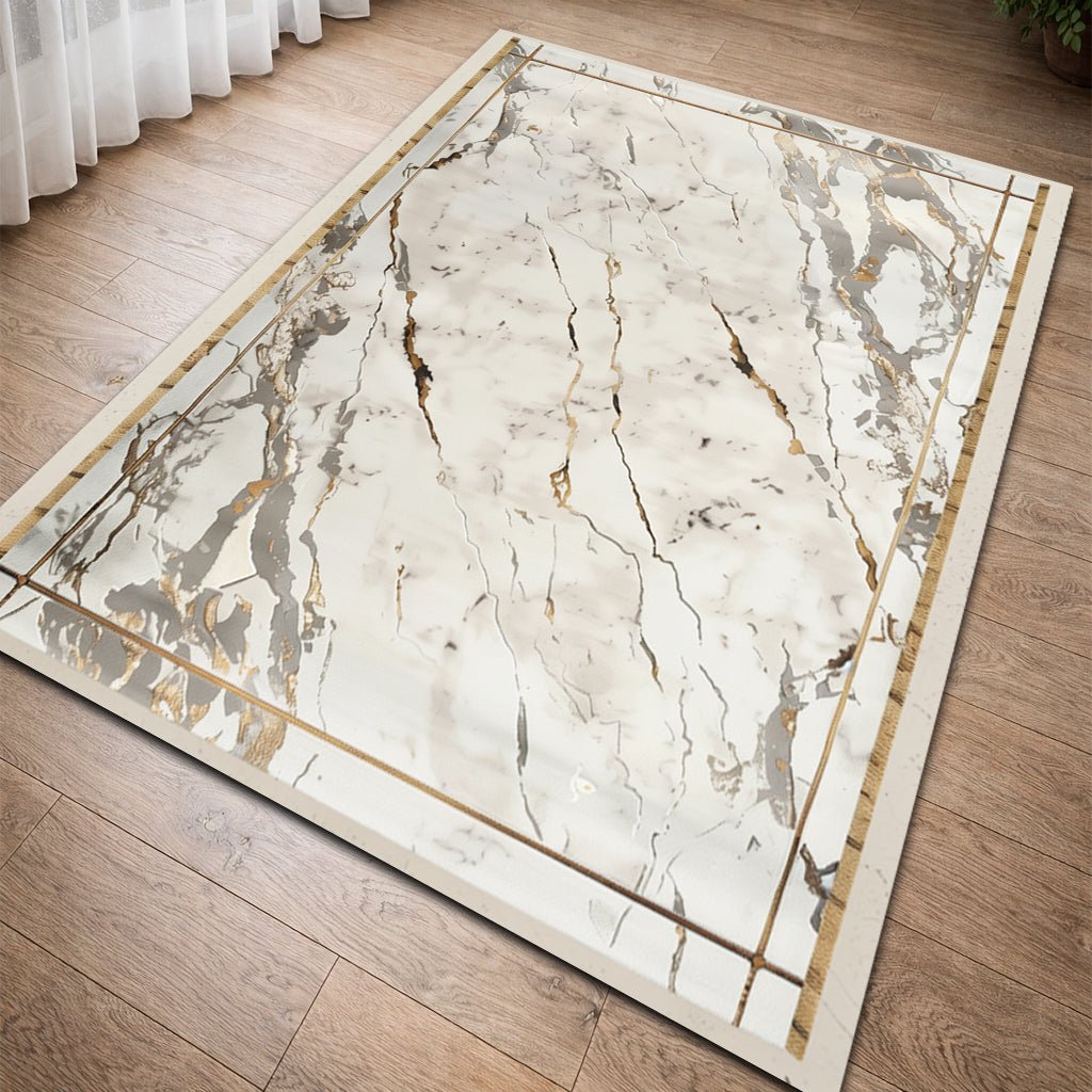 Lüks Mermer Desenli Halı - Beyaz Altın Bordür - Halı - Line Home