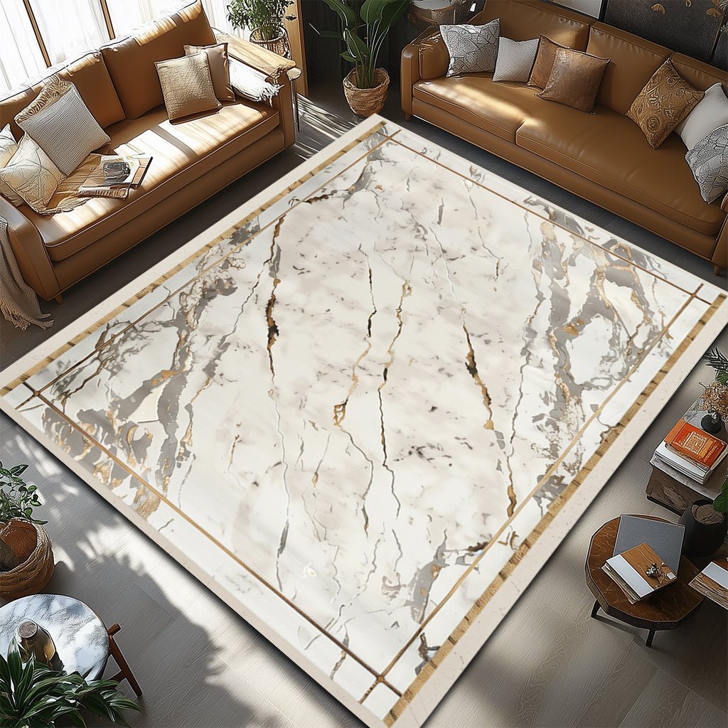 Lüks Mermer Desenli Halı - Beyaz Altın Bordür - Halı - Line Home