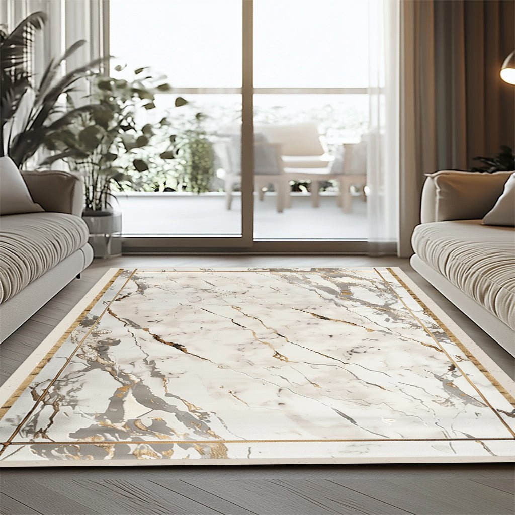 Lüks Mermer Desenli Halı - Beyaz Altın Bordür - Halı - Line Home