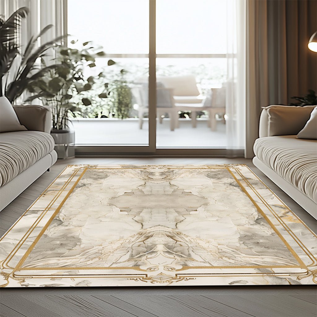 Lüks Mermer Desenli Halı - Beyaz Gri Altın Çerçeve - Halı - Line Home