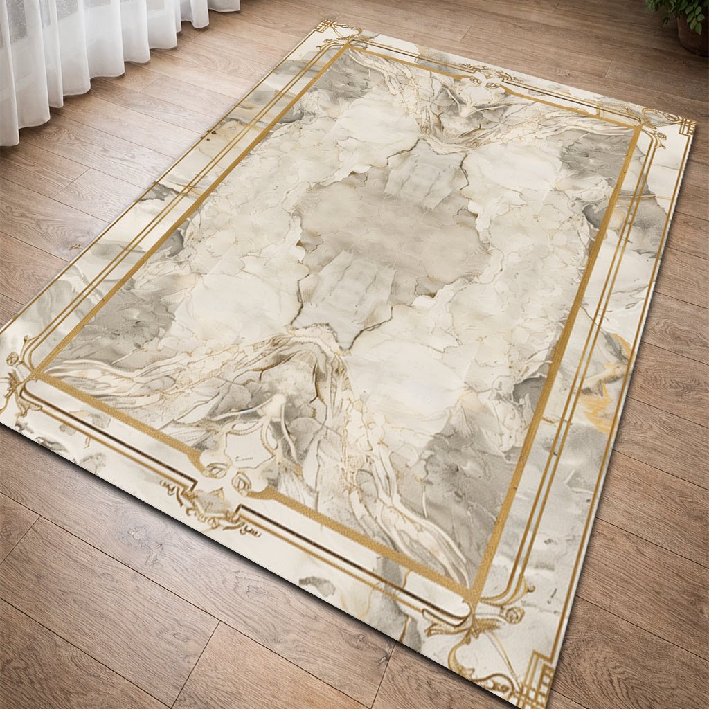 Lüks Mermer Desenli Halı - Beyaz Gri Altın Çerçeve - Halı - Line Home