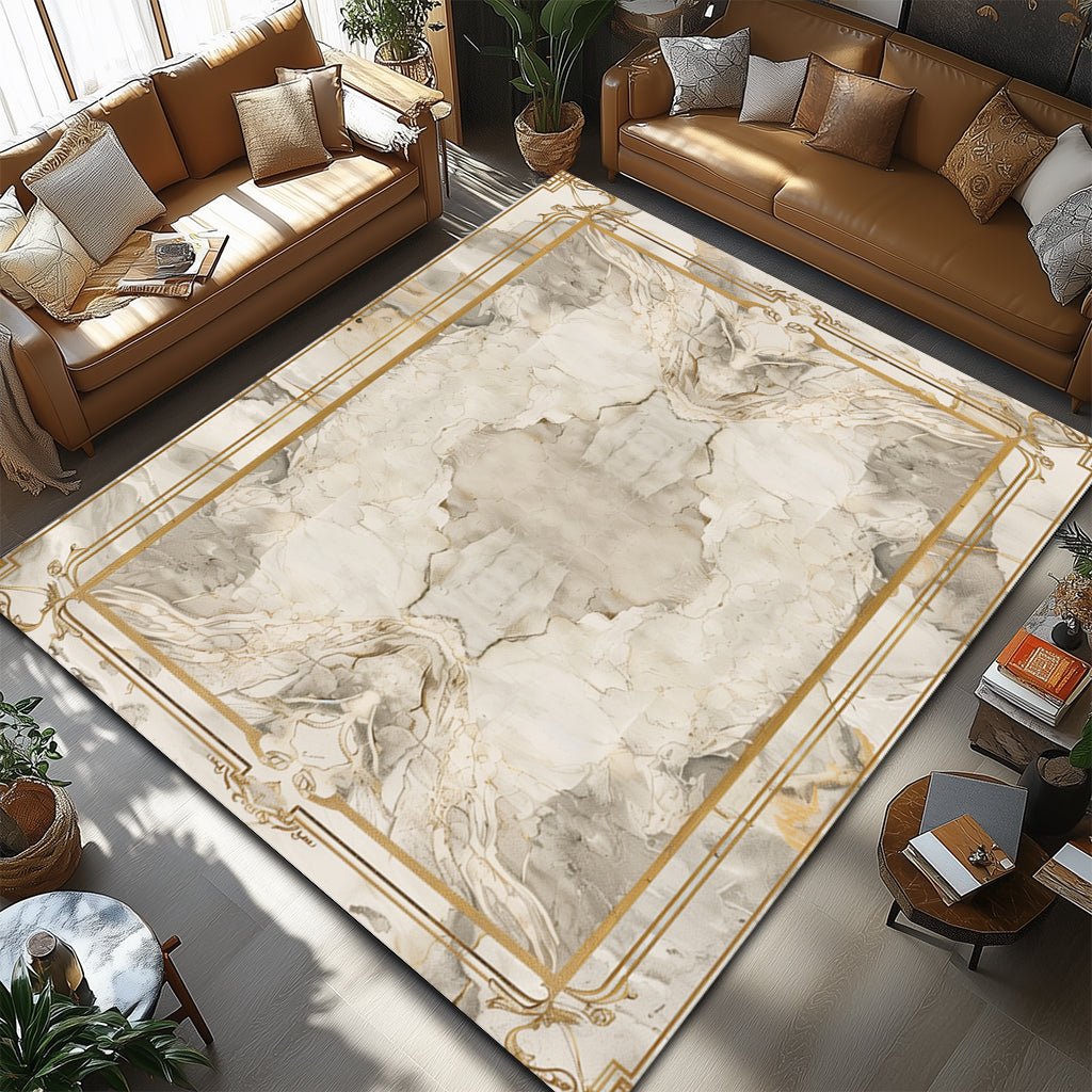 Lüks Mermer Desenli Halı - Beyaz Gri Altın Çerçeve - Halı - Line Home