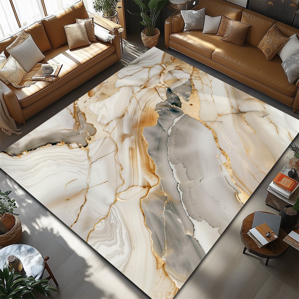 Lüks Mermer Desenli Halı - Beyaz Gri Altın Damar - Halı - Line Home