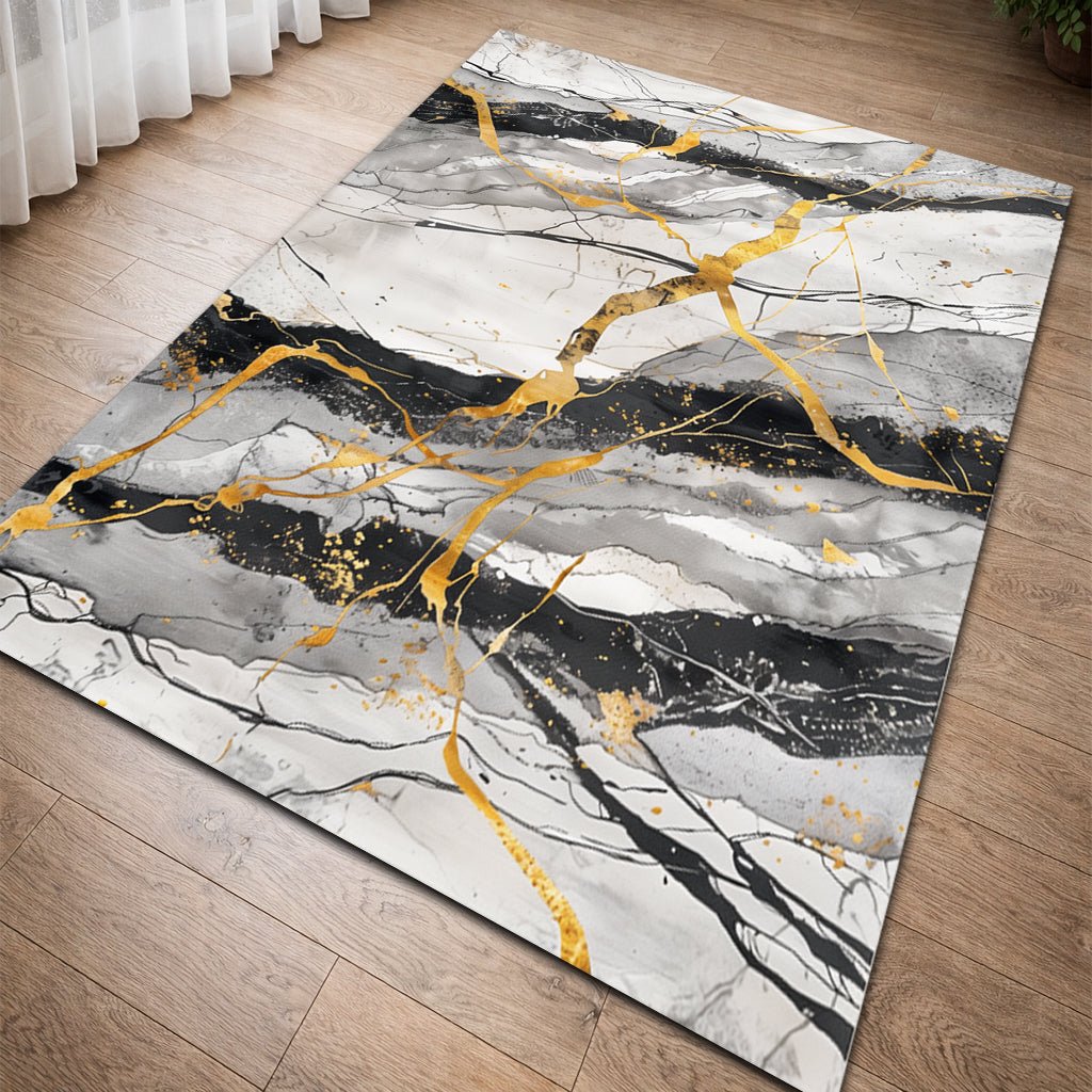 Lüks Mermer Desenli Halı - Beyaz Siyah Altın Damar - Halı - Line Home