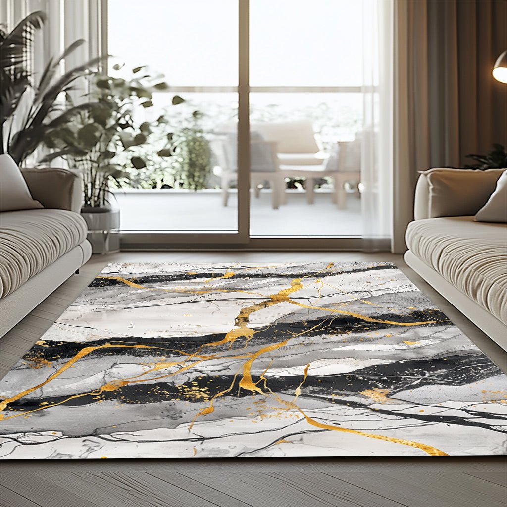 Lüks Mermer Desenli Halı - Beyaz Siyah Altın Damar - Halı - Line Home