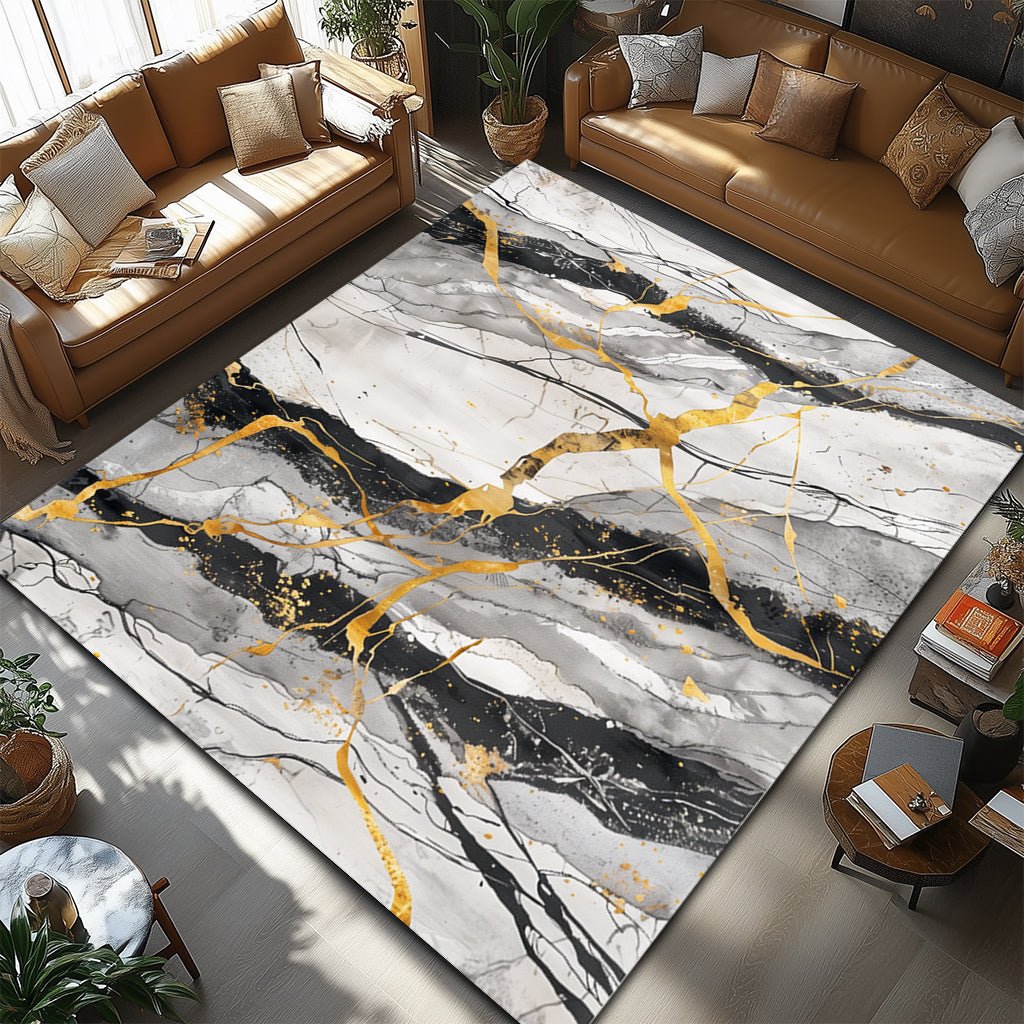 Lüks Mermer Desenli Halı - Beyaz Siyah Altın Damar - Halı - Line Home