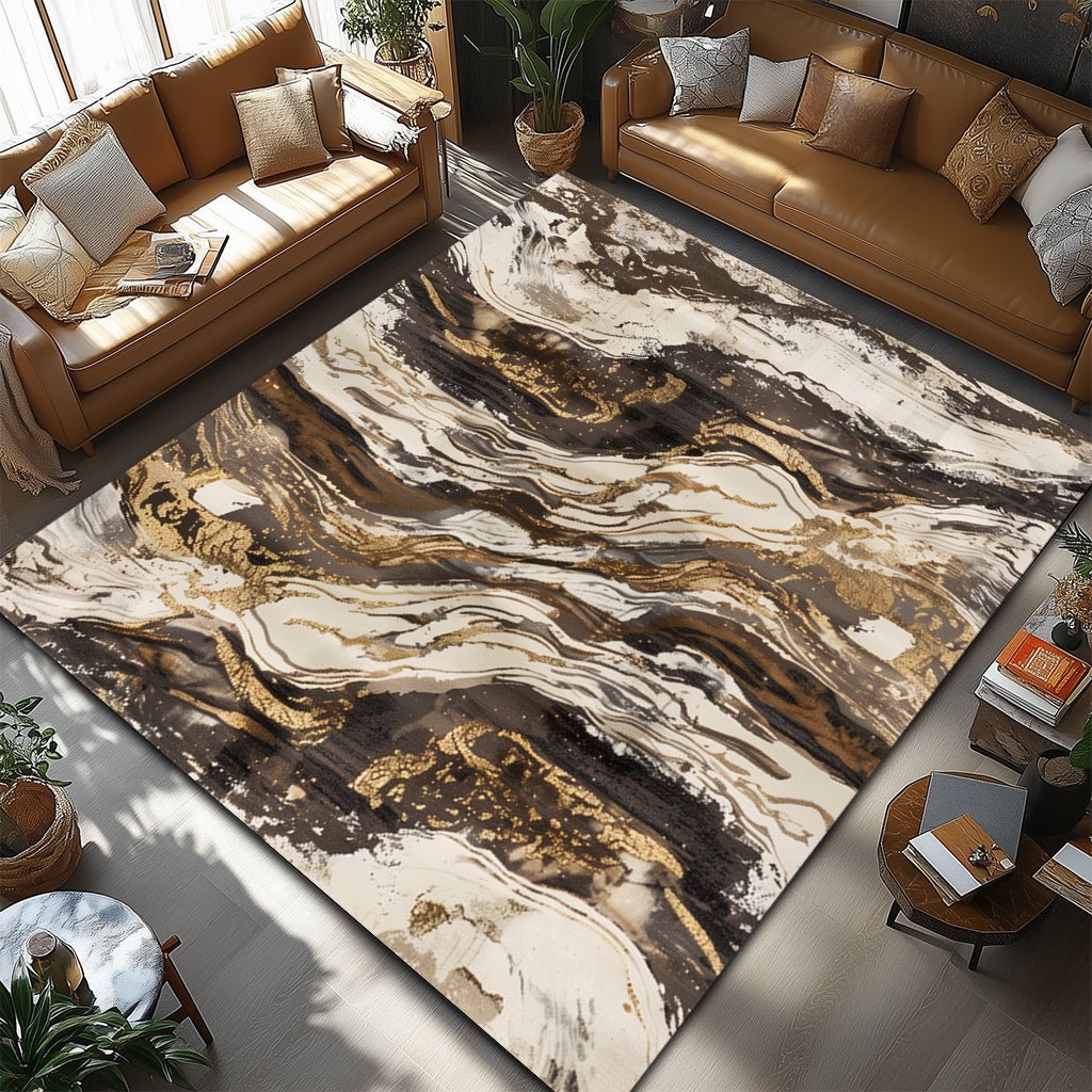 Lüks Mermer Desenli Halı - Kahverengi Altın Damar - Halı - Line Home