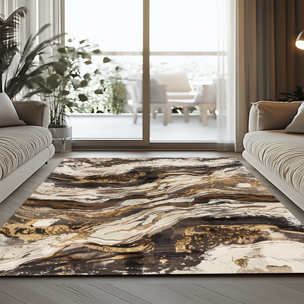 Lüks Mermer Desenli Halı - Kahverengi Altın Damar - Halı - Line Home