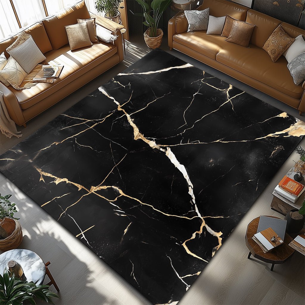 Lüks Mermer Desenli Halı - Siyah Altın Damar - Halı - Line Home