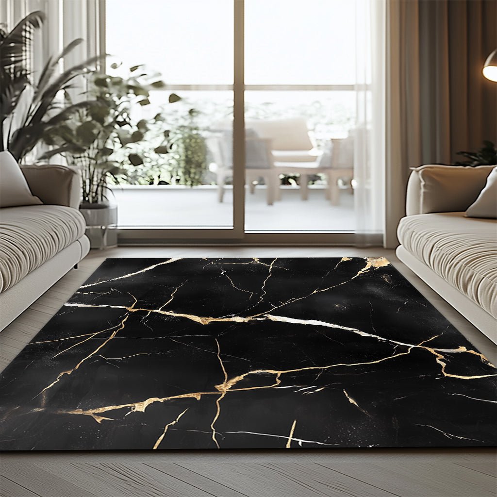 Lüks Mermer Desenli Halı - Siyah Altın Damar - Halı - Line Home