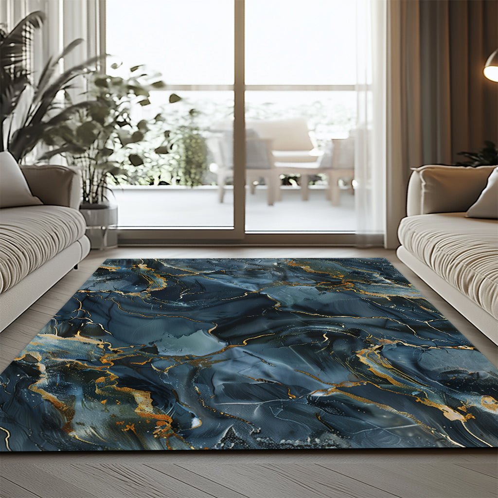 Lüks Mermer Halı - Lacivert Altın Damar Desenli - Halı - Line Home