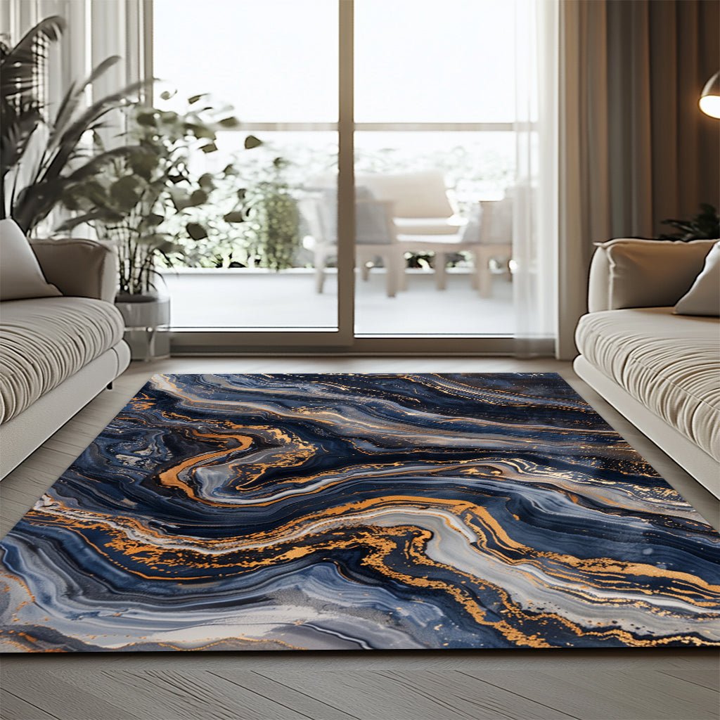 Lüks Mermer Halı - Lacivert Gri Altın Akışkan Desenli - Halı - Line Home